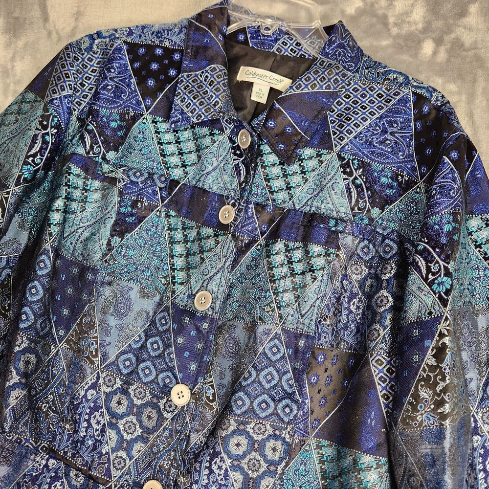 Coldwater Creek Jacket‎ Blazer Womens XL Blue Patchwork Paisley Cottage Artsy